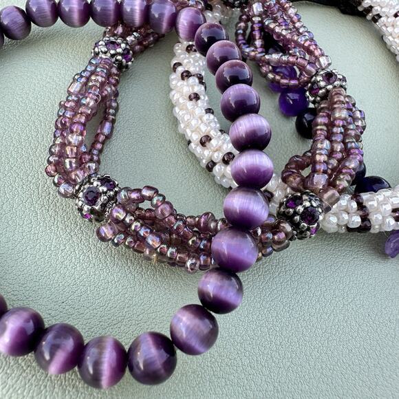 Purple Glass Seed Bead Cat Eye Amethyst Rhinestone Stretch Bracelet Stack - Picture 5 of 7